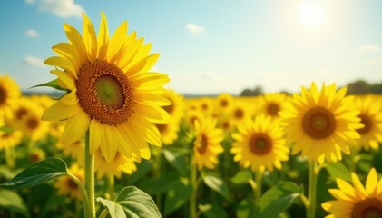 Obraz premium Sunflower field with yellow flowers swaying in wind, yellow fabric, sunlight, yellow field