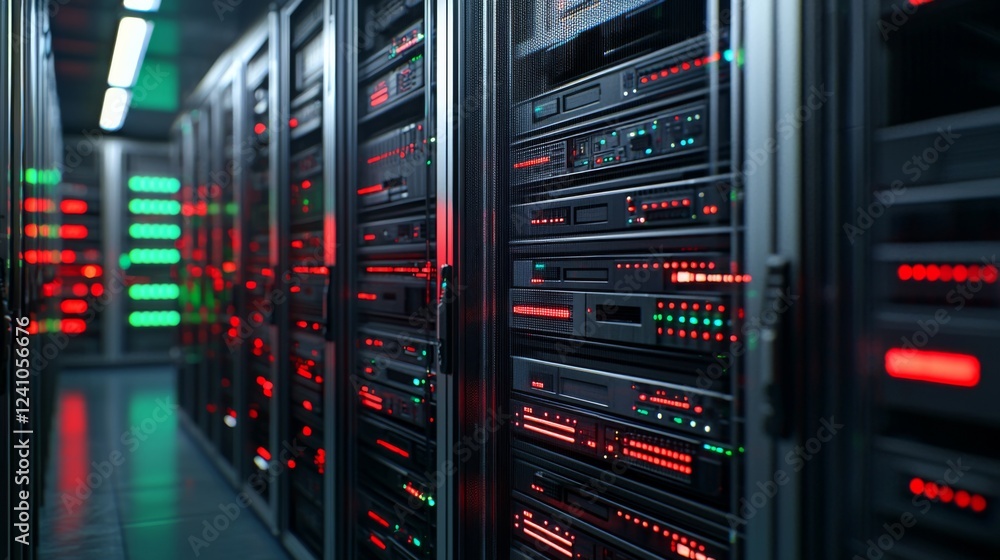 Poster high-tech data center with row of servers illuminated by red and green led lights