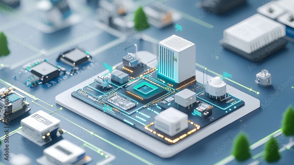 Poster miniature urban landscape with data center and smart technology concept in isometric view showcasing