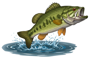 Bass fish jumps out of water isolate realistic illustration