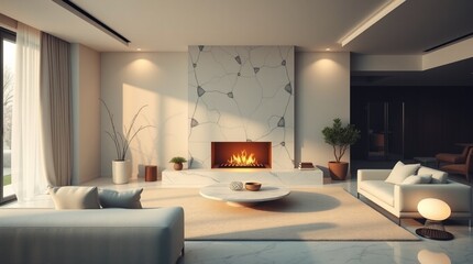 An opulent contemporary living room featuring a marble fireplace, sparse furnishings, and cozy lighting; a dreamy, soft ambiance, subdued hues, and a peaceful, tranquil vibe