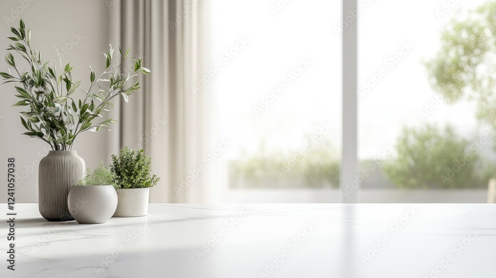 Poster refined matte white surface with plants on a table near a window with soft corner vignette