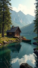 Obraz premium Tranquil lakeside cabin by mountain peaks with canoe at sunrise