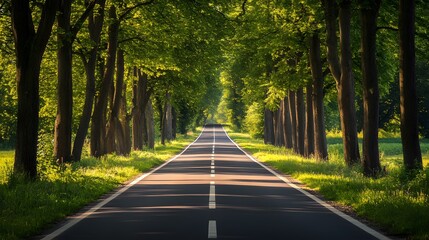 Obraz premium A straight road flanked by tall trees, leading to the horizon in bright daylight 
