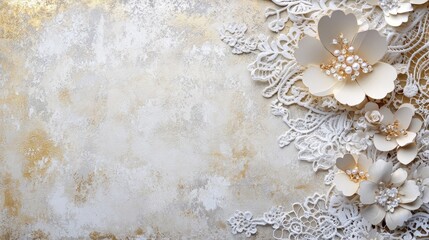 Elegant anniversary background with paper texture, lace and handmade paper flower accents