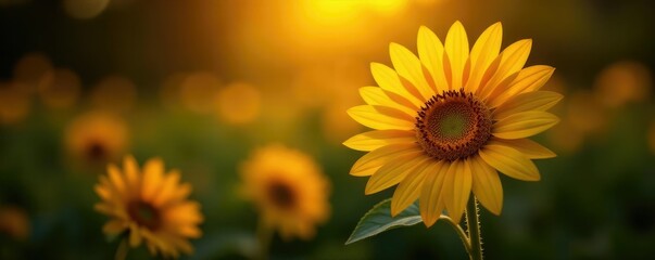Fototapeta premium Golden sunflower blooms in darkness, radiating warmth and light, garden, isolated, isolated