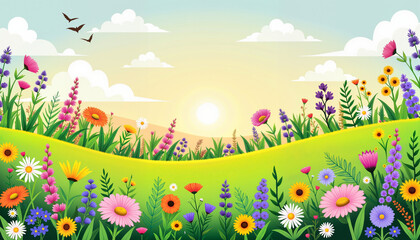 Fototapeta premium Vibrant wildflowers blooming in lush meadow at sunrise, biodiversity