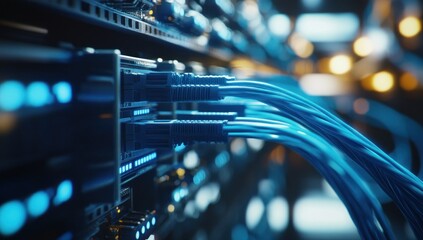 Intricate Network Server Room Infrastructure: High-Tech Data Center with Fiber Optic Cables