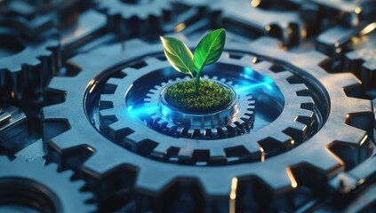 Green Sprout Growing Within Metal Gears Industrial Background
