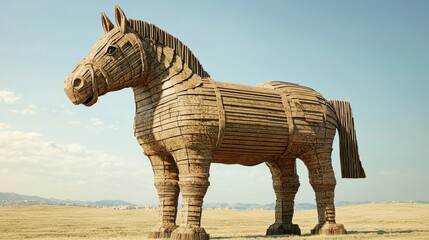 Fototapeta premium Wooden Horse Sculpture in a Rural Landscape Under a Clear Blue Sky