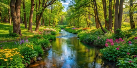 A tranquil stream meanders through a dense thicket of tall trees surrounded by vibrant green foliage and colorful wildflowers , nature, flowing water