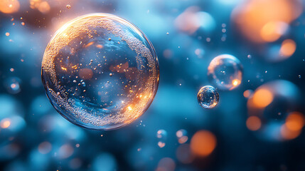 Fototapeta premium Glossy bubbles floating on a blue background, shiny and translucent, creating a dreamy and vibrant atmosphere.