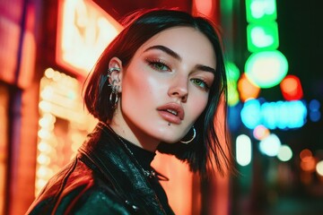 Fototapeta premium Edgy Woman with Multiple Ear Piercings A young woman with a sharp bob haircut and striking green eyes, featuring multiple ear piercings
