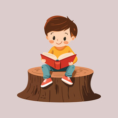 A cute boy sitting tree reading a book vector illustration 