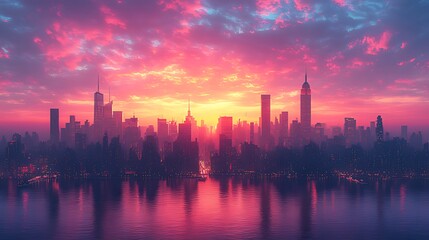 Obraz premium Cityscape sunrise, pink clouds, waterfront reflection, urban panorama, travel poster