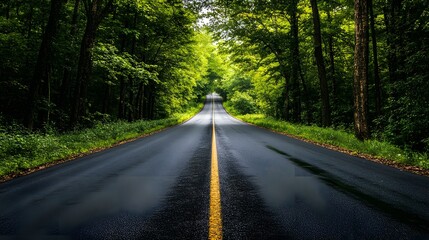 Fototapeta premium A straight road flanked by tall trees, leading to the horizon in bright daylight 