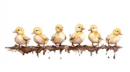 Fototapeta premium Cute Yellow Ducklings on a Branch with Soft Watercolor Details