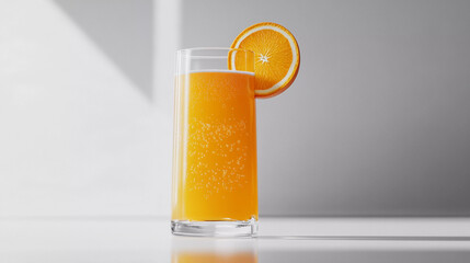 glass of orange juice on grey background