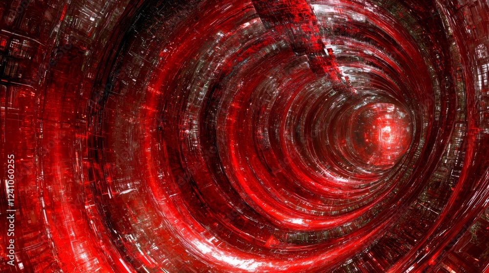 Poster abstract red swirling tunnel with glowing light effects and geometric patterns in a digital universe