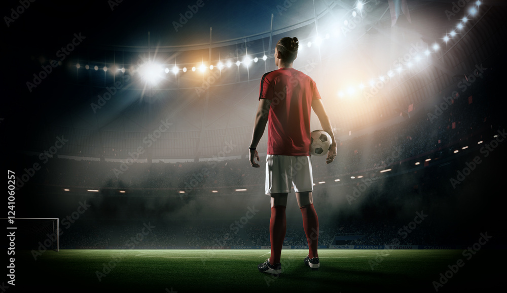 Wall mural Soccer player with ball in the stadium, 3d rendering.