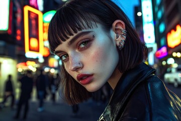 Edgy Woman with Multiple Ear Piercings A young woman with a sharp bob haircut and striking green eyes, featuring multiple ear piercings