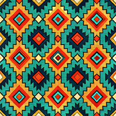 Seamless Aztec pattern with geometric shapes and vibrant colors