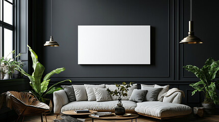 A modern mockup of a white canvas photo hanging on a dark wall, with minimalistic design elements that evoke calm and simplicity. 