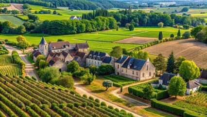 Fototapeta premium View from above of rolling hills with vines in the Loire Valley, France landscape with stone buildings and trees, french landscape, rural scenery