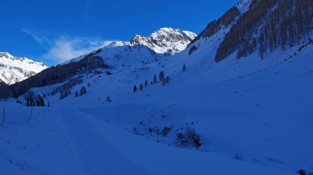 Morning view of alps covered by snow in Casere, Valle Aurina, Alto Adige, Italy