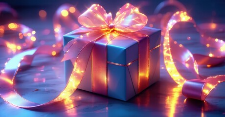 A large gift box wrapped in softly glowing ribbons with a gentle light trail, creating a festive and elegant atmosphere, with a smooth, modern geometric design