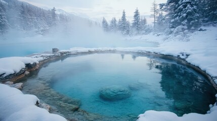 hot spring in a winterland landscape, warm smoke rises in the cold air