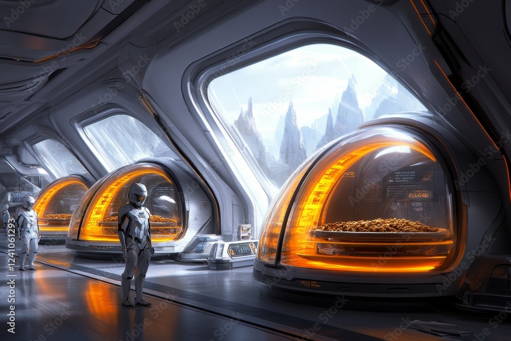 Poster a 3d-rendered scene of a futuristic charity center, where advanced robots hand out food to those in 