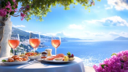 Fototapeta premium Serene Outdoor Dining with Scenic View and Refreshing Beverages