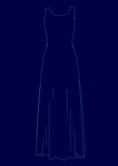 A dress is shown in a blue color. The dress is long and has a slim silhouette. The dress is designed to be elegant and sophisticated