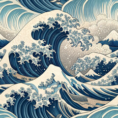 Seamless Japanese wave pattern in blue tones