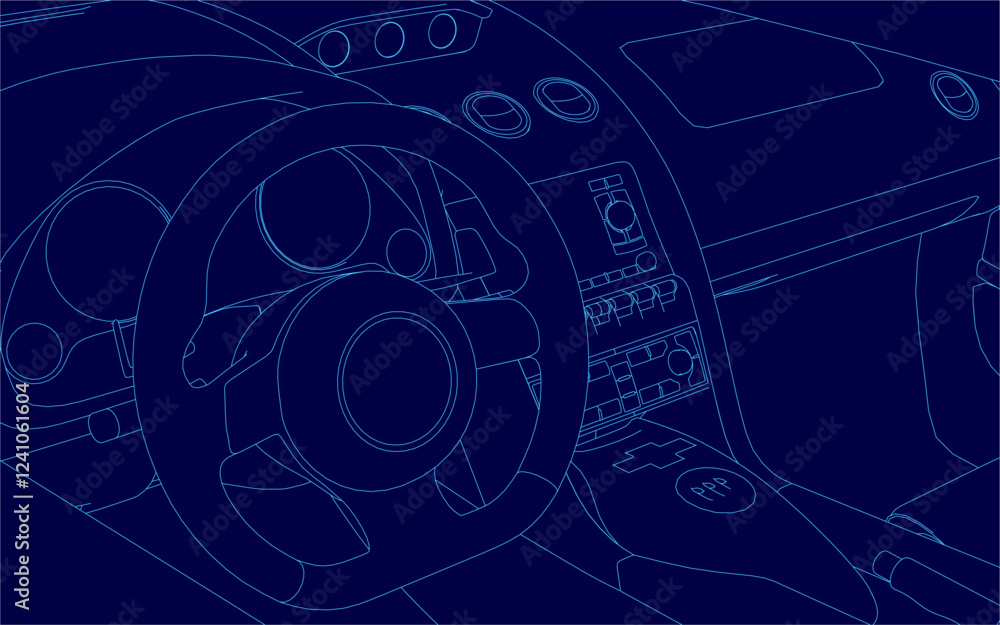 Poster a blue image of a car's interior with a steering wheel. the image is a computer-generated rendering 