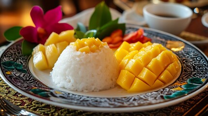 An exquisite Thai dessert platter featuring coconut pudding, mango sticky rice, and fresh tropical fruits, beautifully arranged on a decorative plate.
