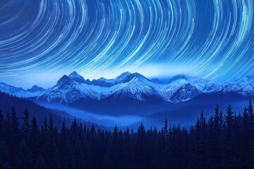 Obraz premium Star trails arc over a snow-capped mountain range and dark evergreen forest at night.