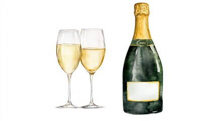 Watercolor of Sparkling Celebration with Champagne and Glasses