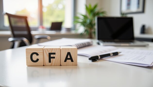 Chartered financial analyst study materials on desk with copy space for professional learning