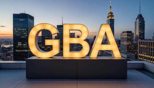 Illuminated gba letters on rooftop with city skyline view at dusk