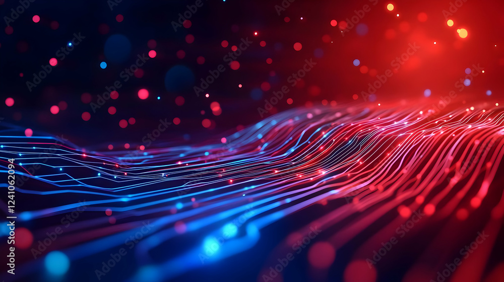Poster abstract digital background of glowing lines and particles in blue and red hues, symbolizing connect