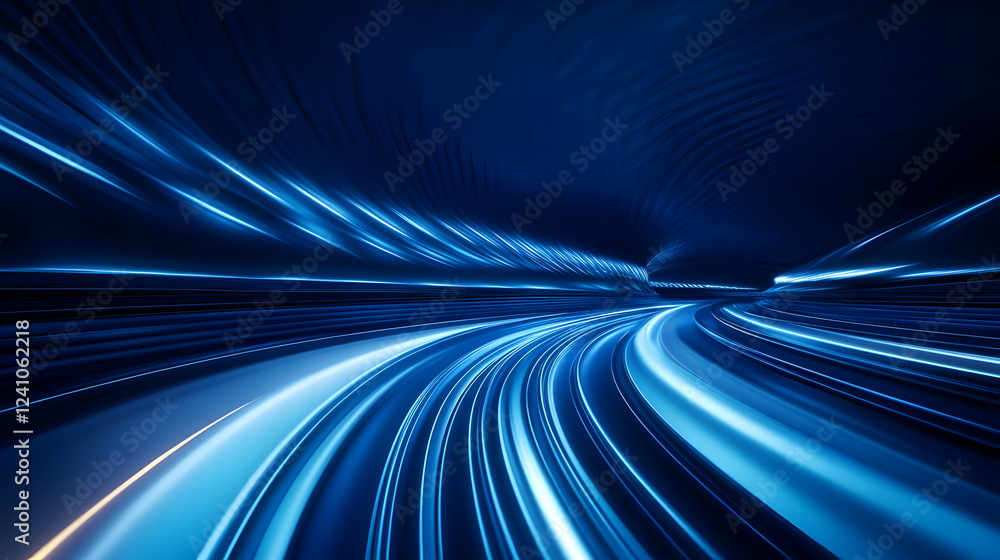 Poster abstract light trails in blue, creating a sense of speed and movement in a futuristic environment.
