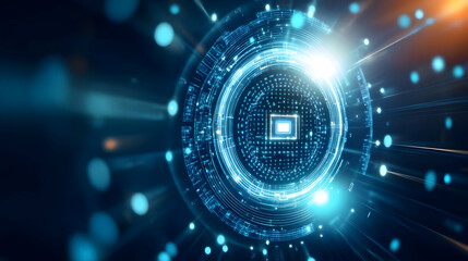 Obraz premium Abstract technology background with glowing circuit patterns and a central processing unit concept.