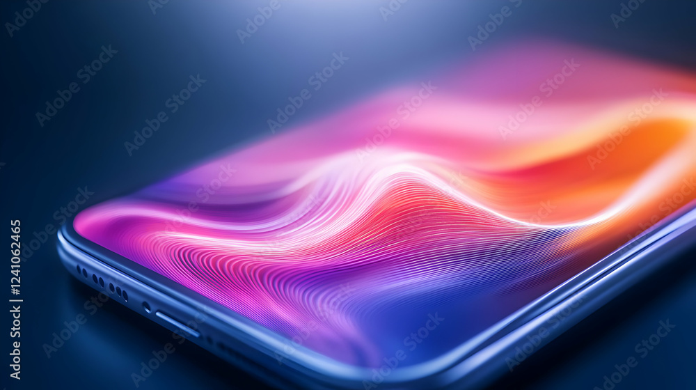 Poster an abstract close-up of a smartphone screen displaying vibrant colors and patterns, showcasing moder