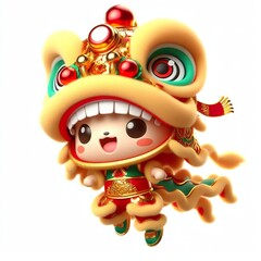 Fototapeta premium Adorable 3D Render of a flying happy cute kid in a Lion Dance Costume, Chinese New Year