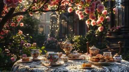 Charming Afternoon Tea Outdoors with Vintage Porcelain Teapot and Cups Set on Elegant Lace Tablecloth Amid Blossoming Garden RosesAfternoon tea