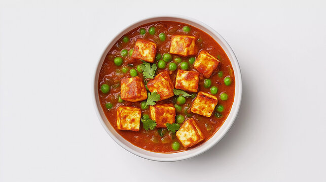 Top view  of matar paneer gravy in bowl isolated on white background 