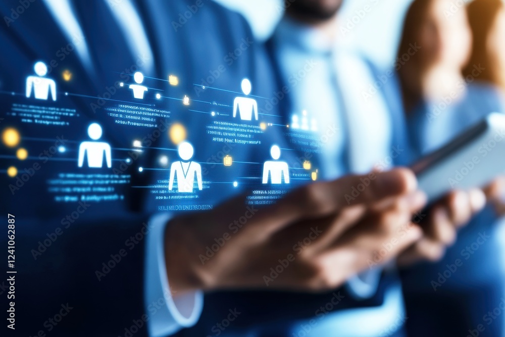 Poster business professional using smartphone with digital interface and virtual team connections in modern