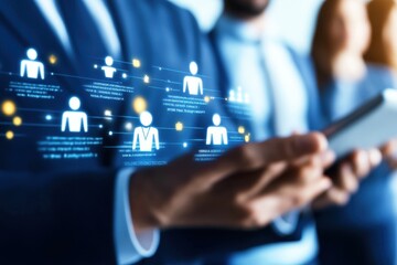 Fototapeta premium Business Professional Using Smartphone with Digital Interface and Virtual Team Connections in Modern Office Environment
